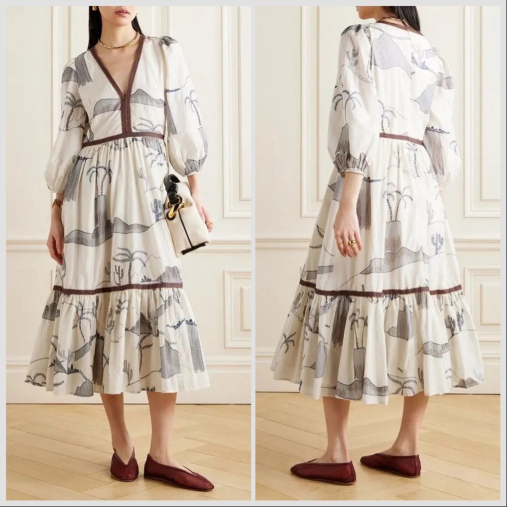 NWT EMPORIO SIRENUSE Loretta Desert Embroidered Cotton Silk Voile Midi Dress 2